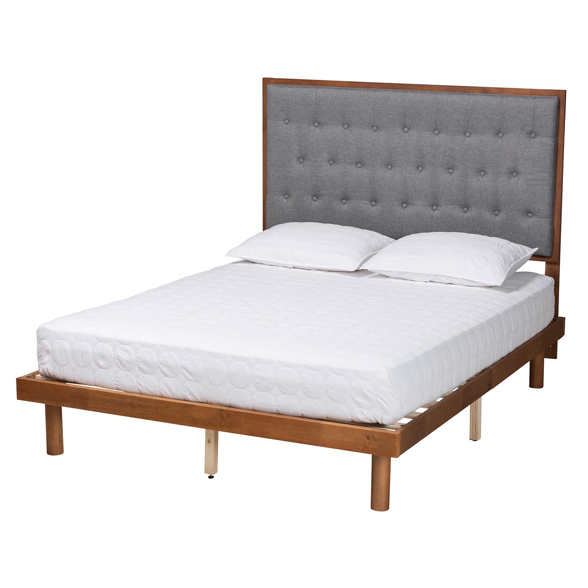 Baxton Studio Bellini Classic and Traditional Grey Fabric and Walnut Brown Finished Wood King Size Platform Bed